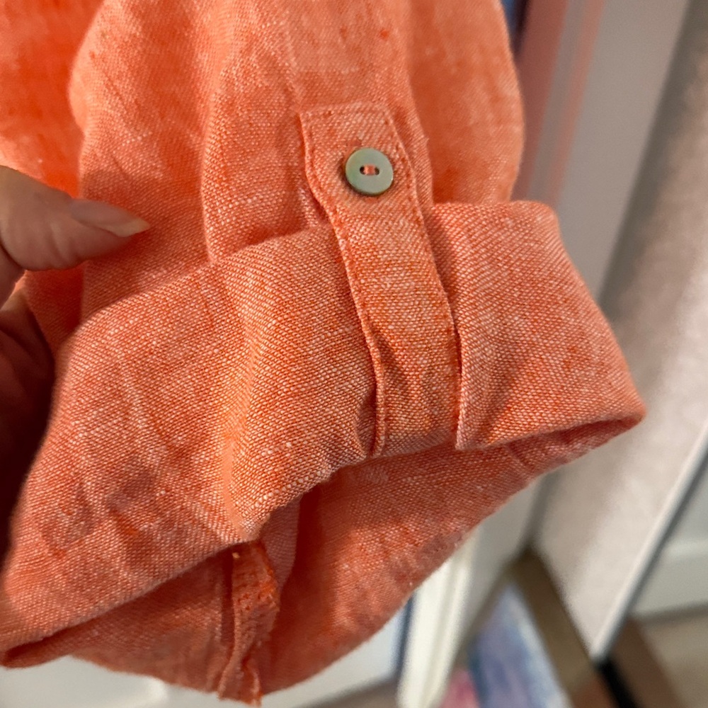 Tahari Orange Button-Down Linen Shirt - Picture 4 of 7